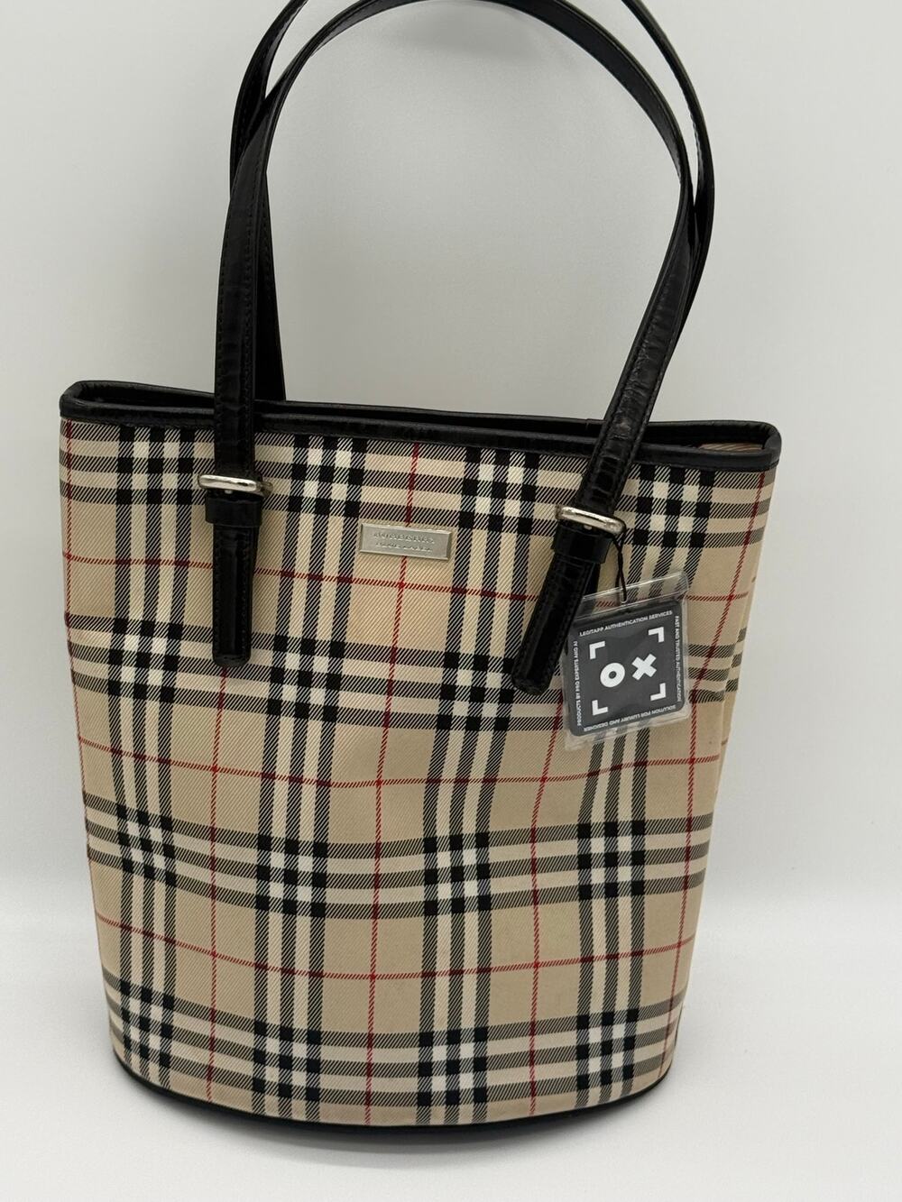 Burberry Blue Label Vintage Nova Check Canvas Shoulder Tote Bag Black Leather